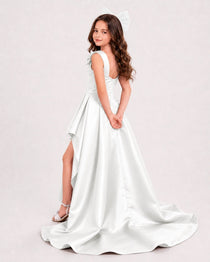 Dideyttawl Girls Formal Dress with Shoulder Bows and High-Low Satin Skirt