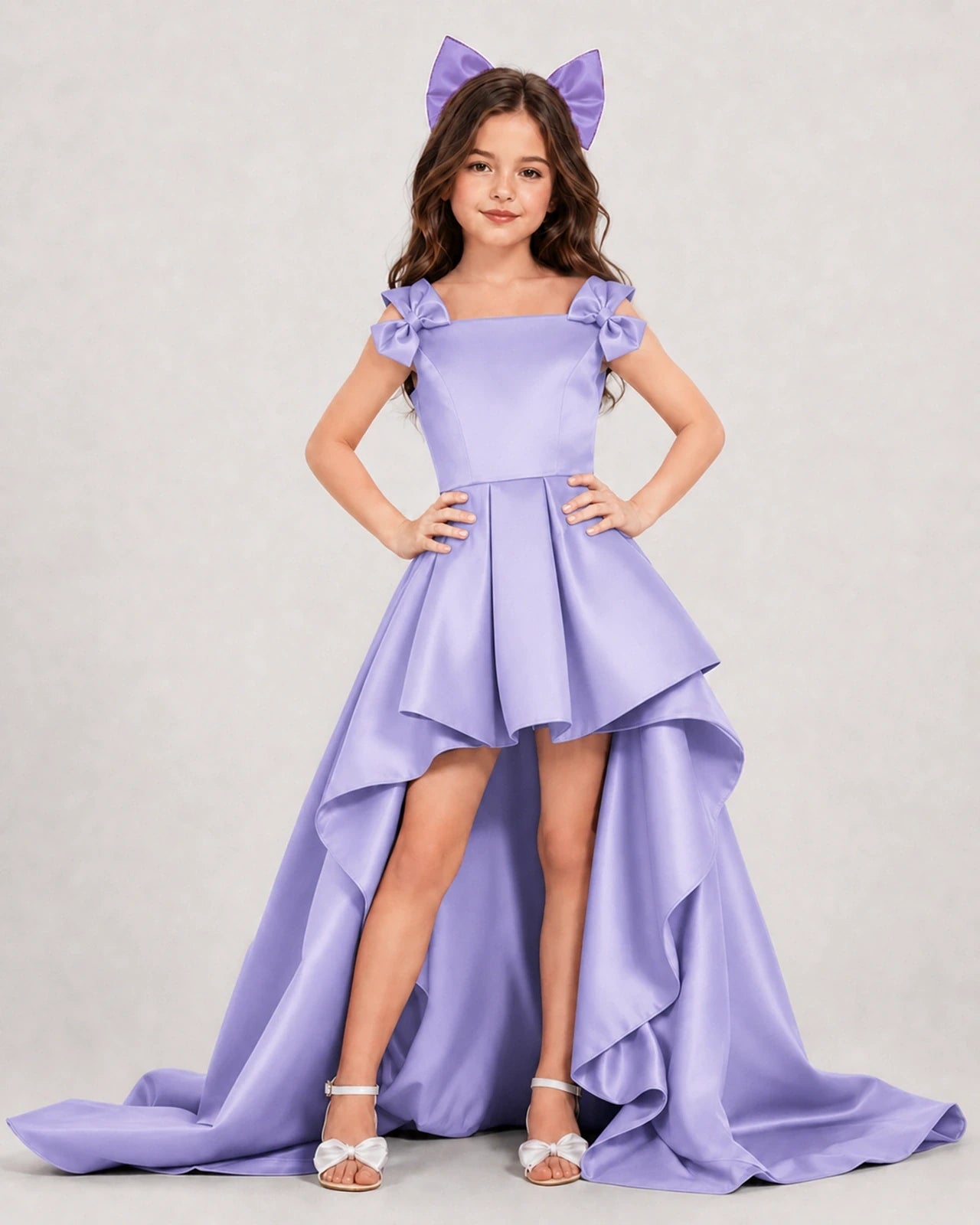 Dideyttawl Girls Formal Dress with Shoulder Bows and High-Low Satin Skirt