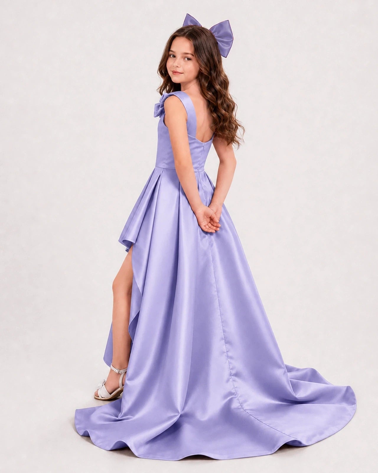 Dideyttawl Girls Formal Dress with Shoulder Bows and High-Low Satin Skirt