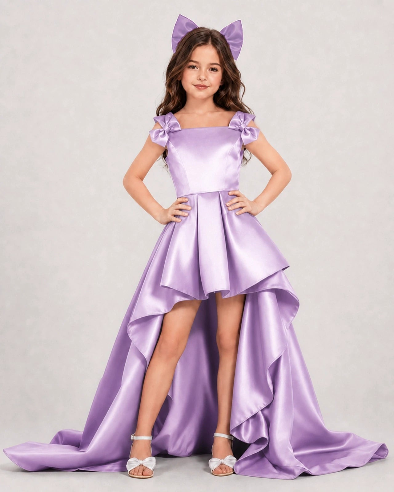 Lilac Satin High-Low Girls Formal Dress Front View