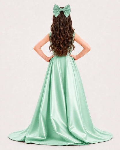 Mint Green Satin A-line Girls Formal Dress Back View