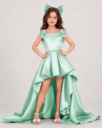 Dideyttawl Girls Formal Dress with Shoulder Bows and High-Low Satin Skirt