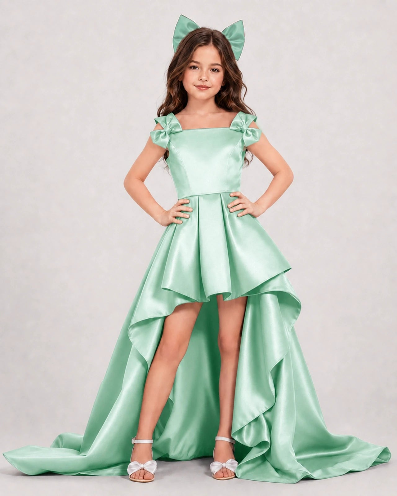 Dideyttawl Girls Formal Dress with Shoulder Bows and High-Low Satin Skirt