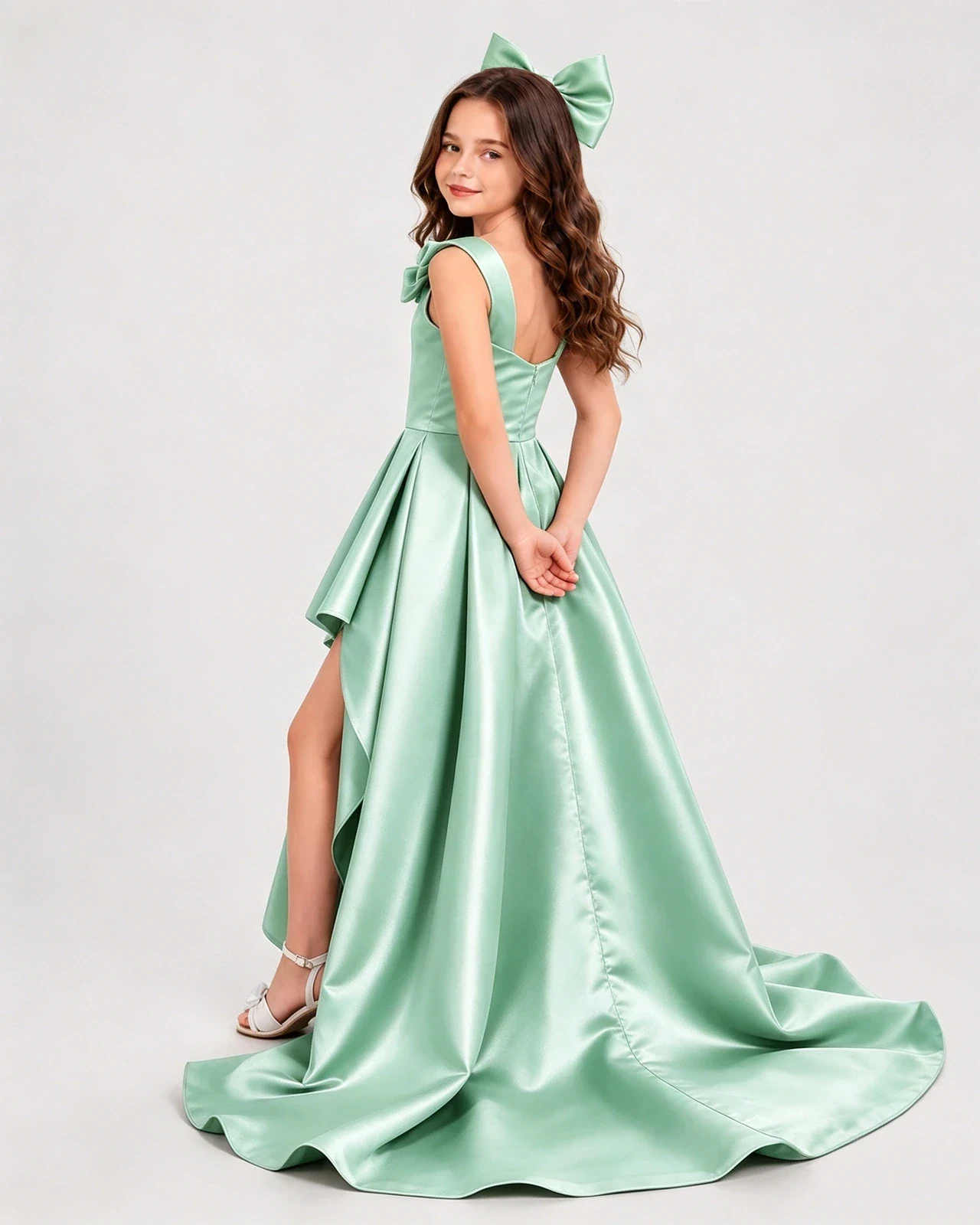 Dideyttawl Girls Formal Dress with Shoulder Bows and High-Low Satin Skirt