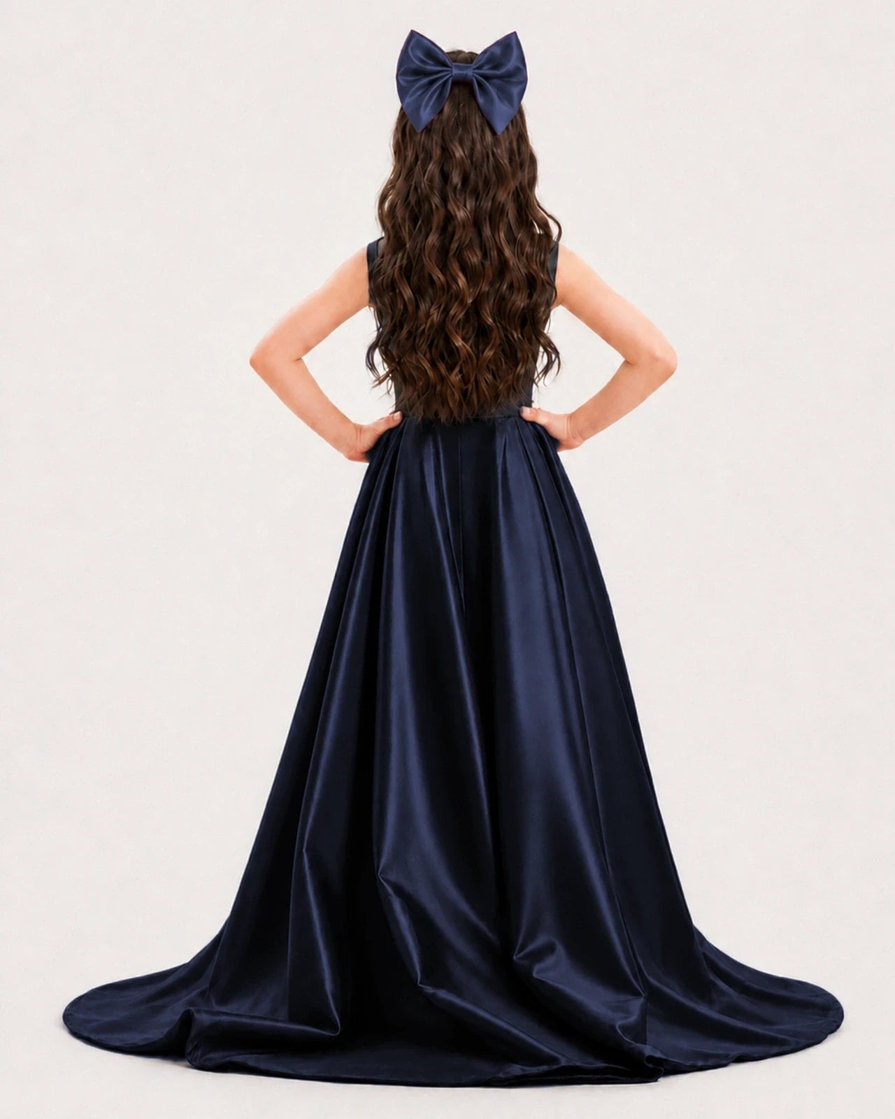 Navy Blue Satin A-line Girls Formal Dress Back View