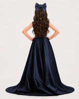Navy Blue Satin A-line Girls Formal Dress Back View