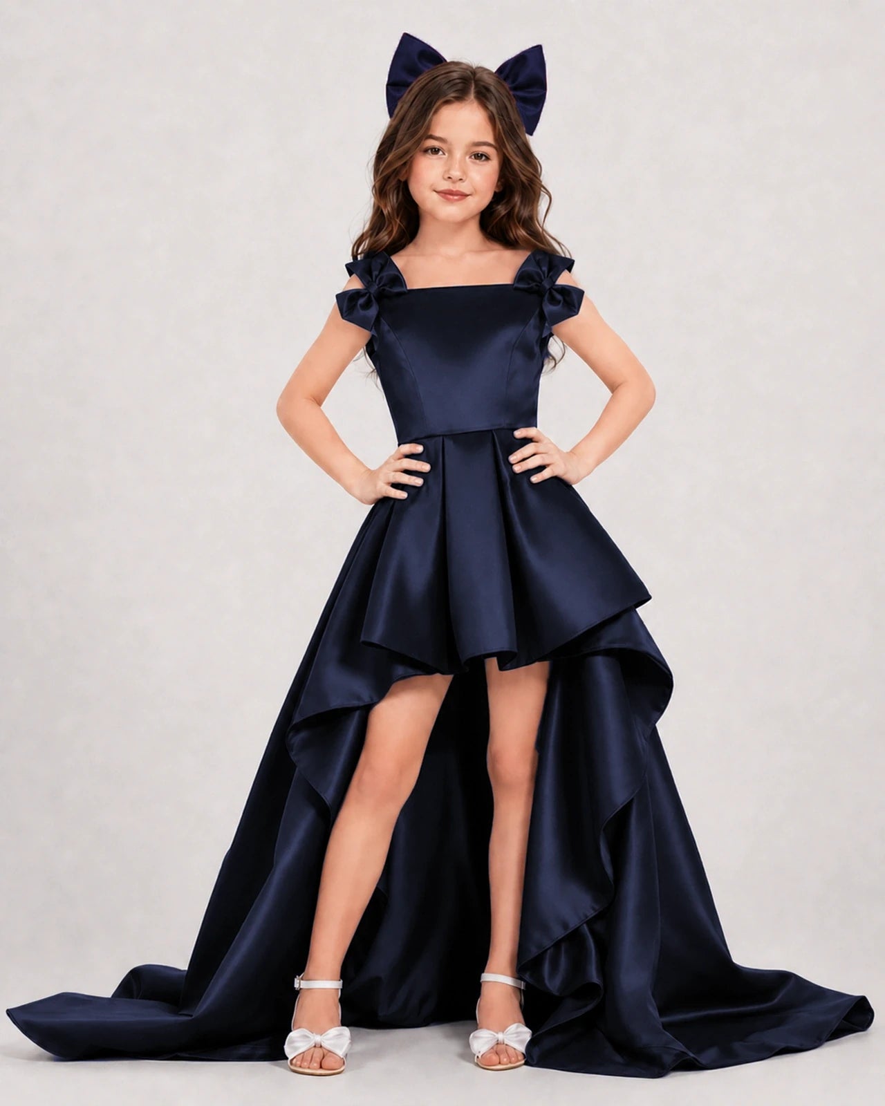 Dideyttawl Girls Formal Dress with Shoulder Bows and High-Low Satin Skirt