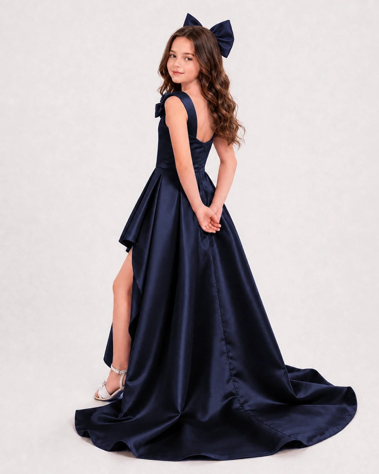 Dideyttawl Girls Formal Dress with Shoulder Bows and High-Low Satin Skirt