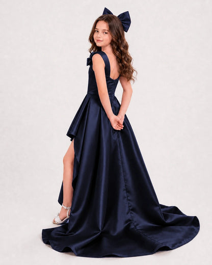 Navy Blue Satin A-line Girls Formal Dress Side View