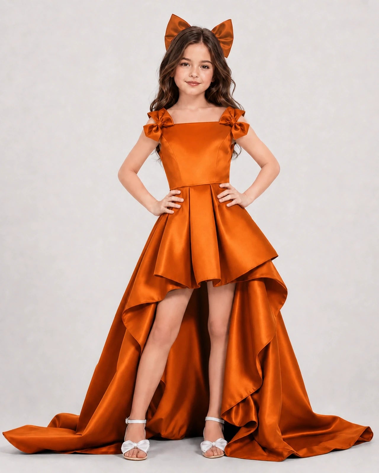 Dideyttawl Girls Formal Dress with Shoulder Bows and High-Low Satin Skirt