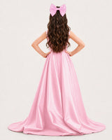 Pink Satin A-line Girls Formal Dress Back View