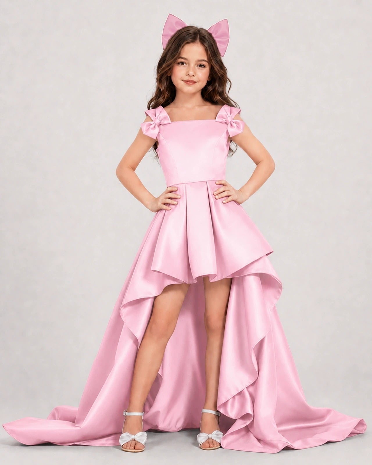 Dideyttawl Girls Formal Dress with Shoulder Bows and High-Low Satin Skirt