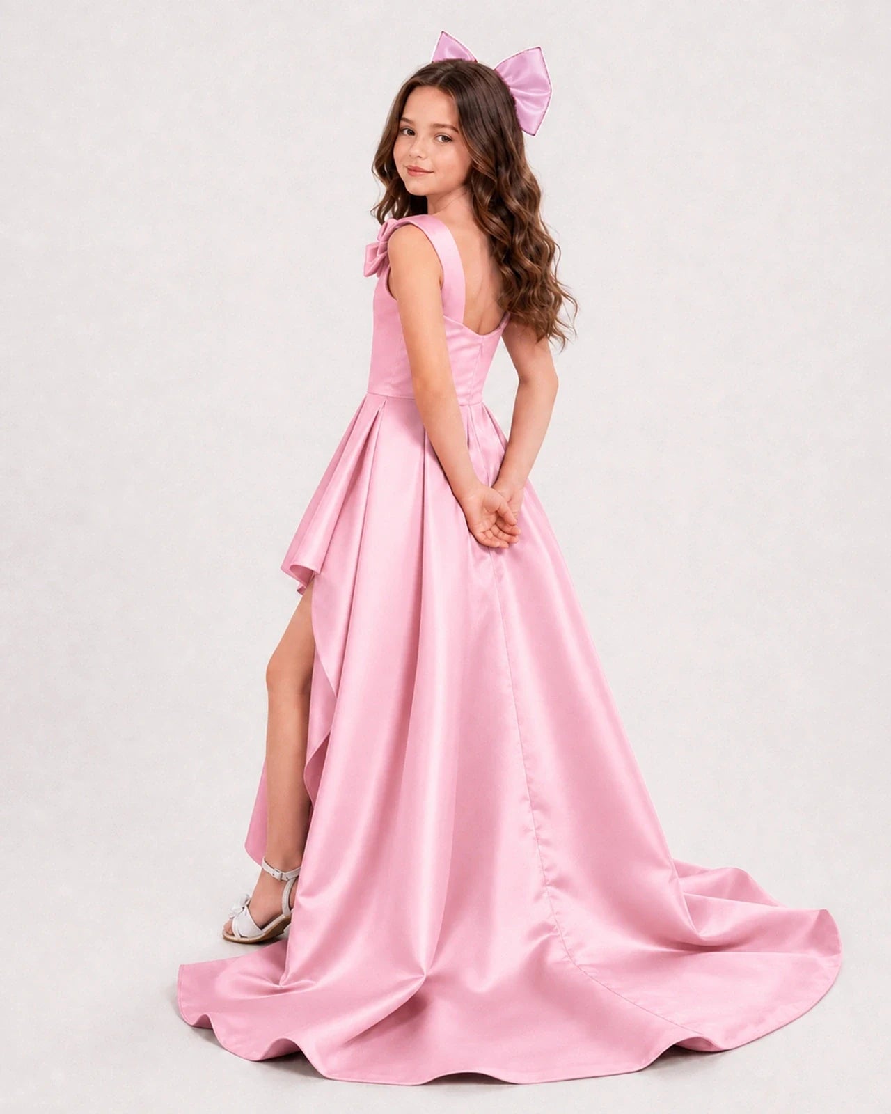 Dideyttawl Girls Formal Dress with Shoulder Bows and High-Low Satin Skirt