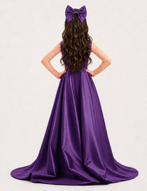 Dideyttawl Girls Formal Dress with Shoulder Bows and High-Low Satin Skirt