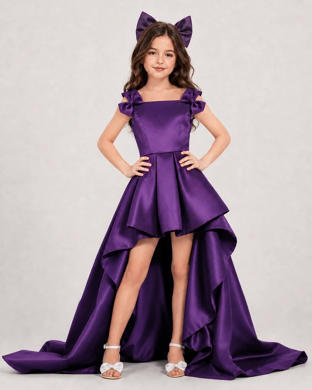 Dideyttawl Girls Formal Dress with Shoulder Bows and High-Low Satin Skirt