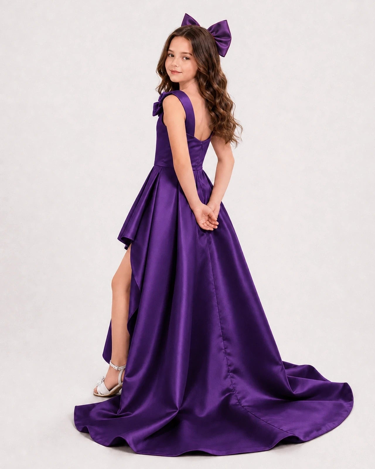 Dideyttawl Girls Formal Dress with Shoulder Bows and High-Low Satin Skirt