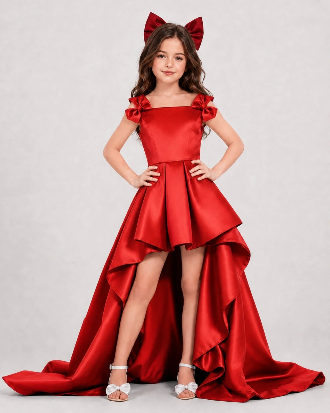 Dideyttawl Girls Formal Dress with Shoulder Bows and High-Low Satin Skirt