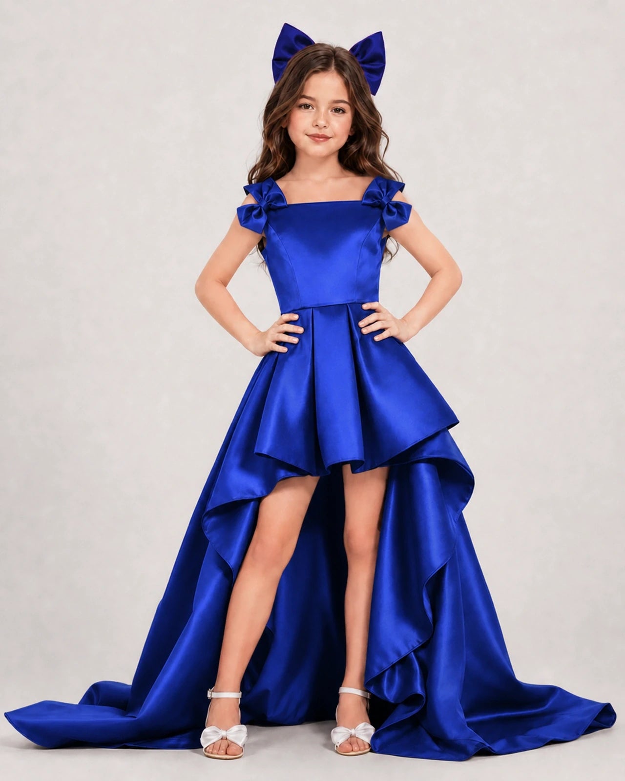 Dideyttawl Girls Formal Dress with Shoulder Bows and High-Low Satin Skirt