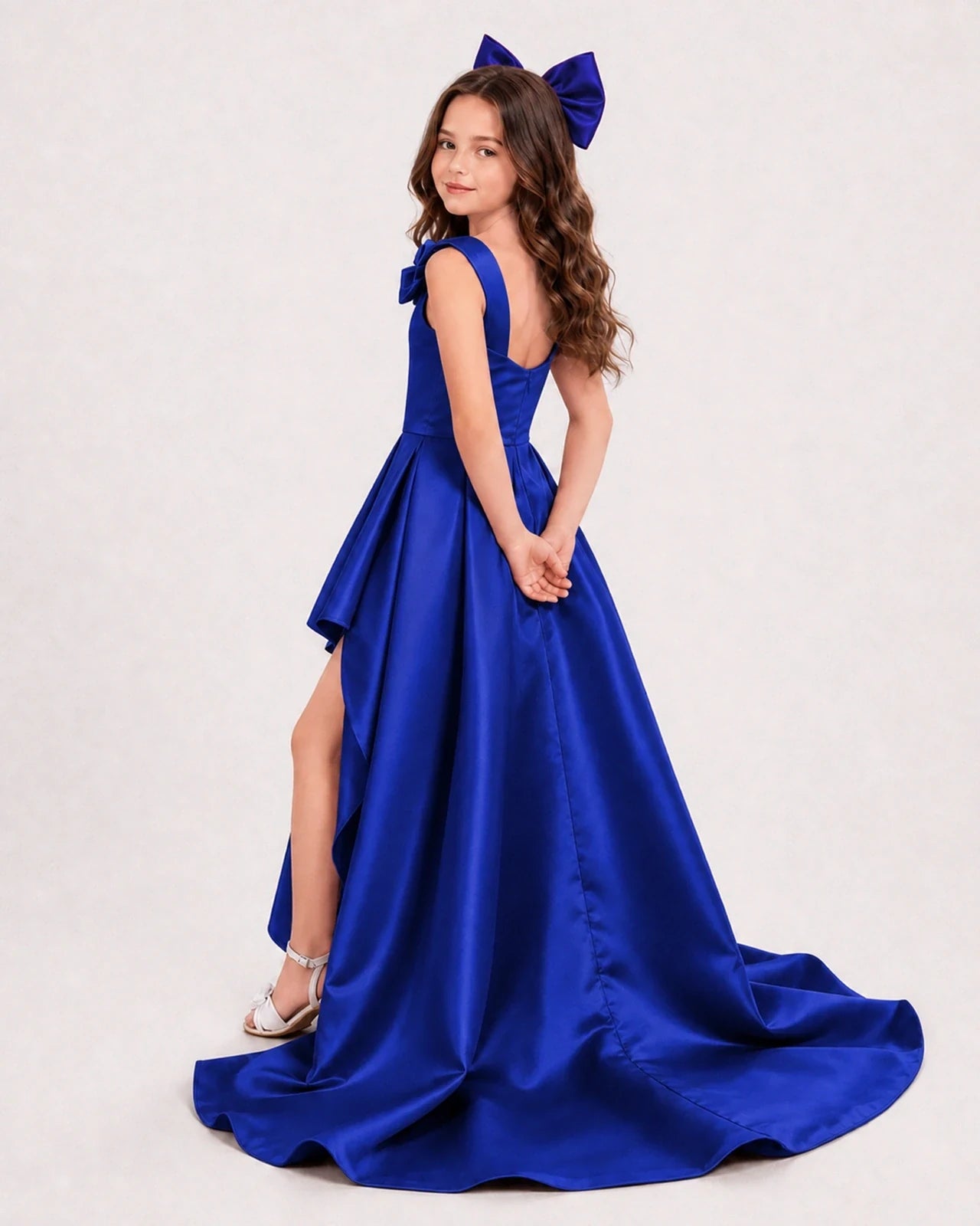 Dideyttawl Girls Formal Dress with Shoulder Bows and High-Low Satin Skirt