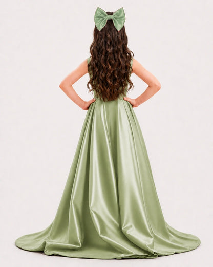 Sage Green Satin A-line Girls Formal Dress Back View
