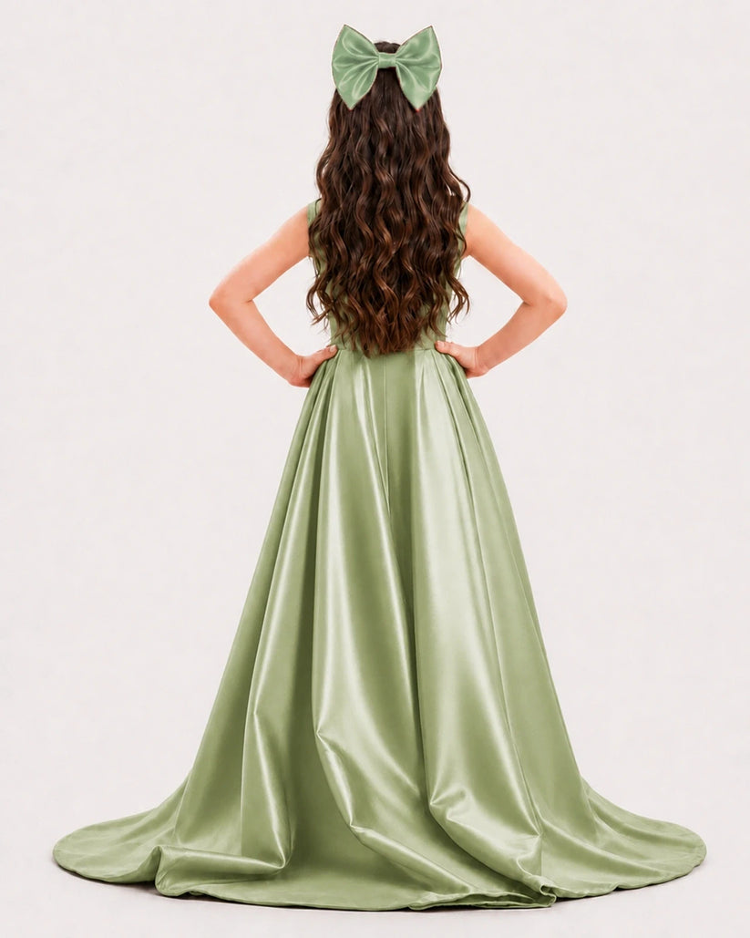 Sage Green Satin A-line Girls Formal Dress Back View