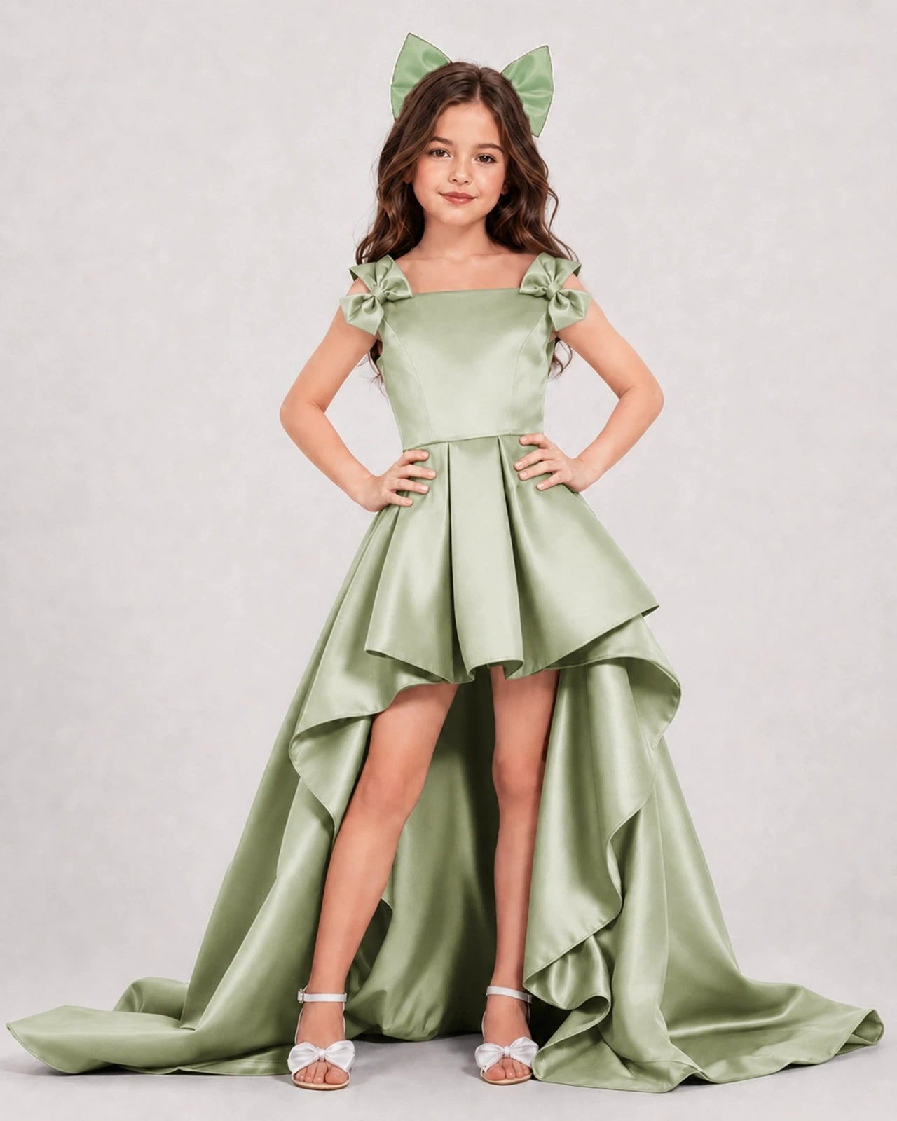 Sage Green Satin A-line Girls Formal Dress Front View