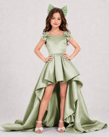Sage Green Satin A-line Girls Formal Dress Front View