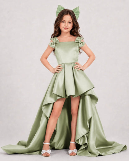 Sage Green Satin A-line Girls Formal Dress Front View