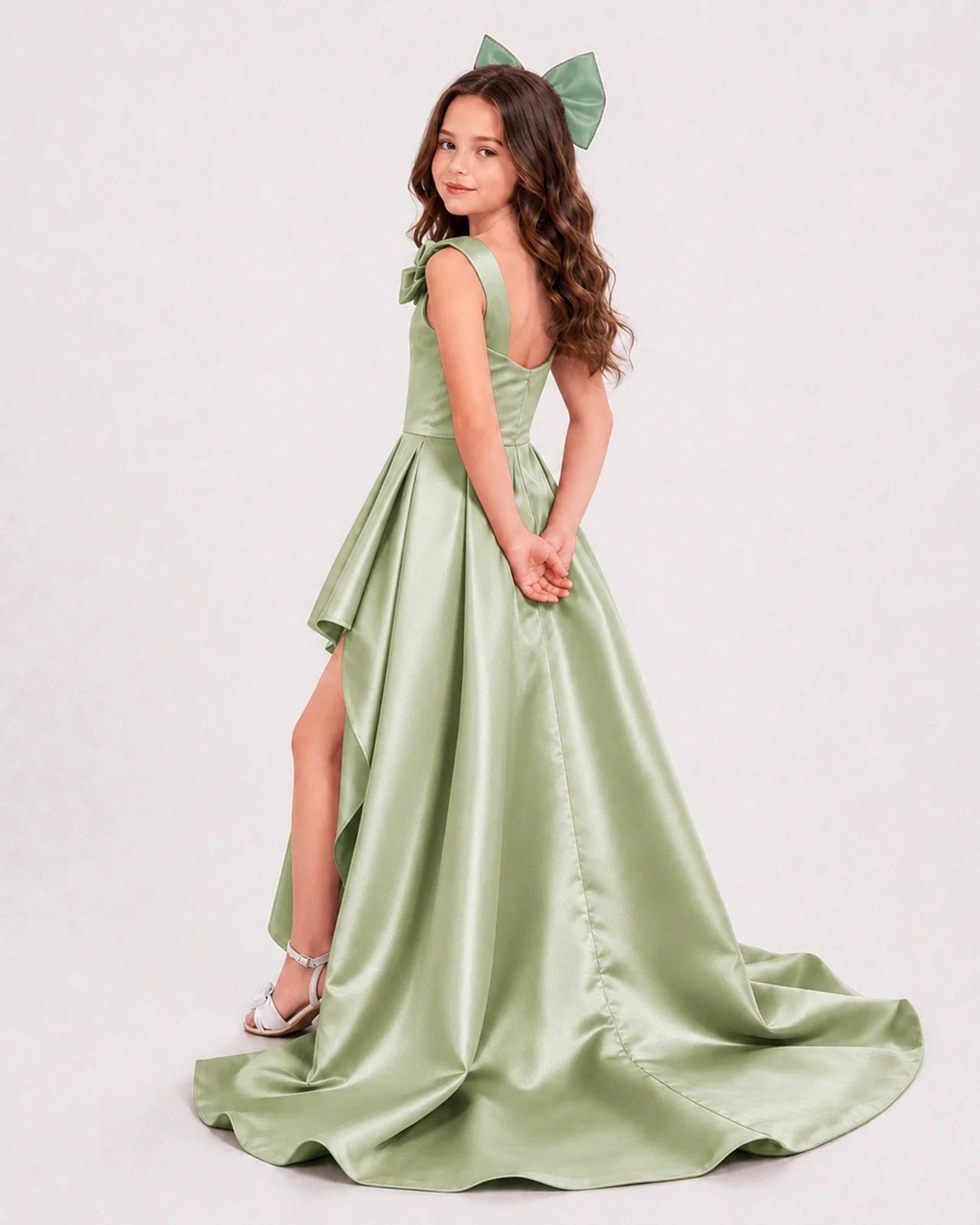 Dideyttawl Girls Formal Dress with Shoulder Bows and High-Low Satin Skirt