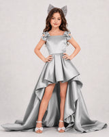 Silver Satin A-line Girls Formal Dress Front View