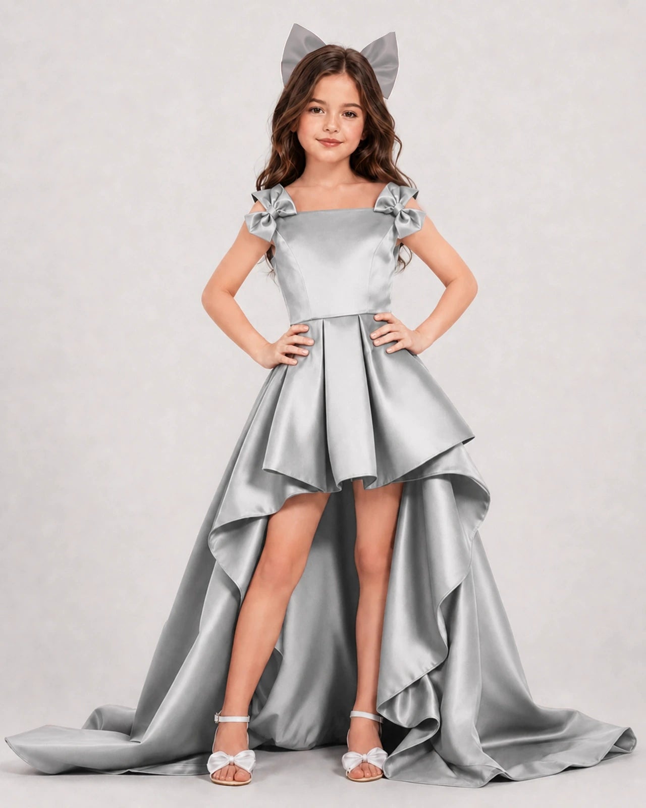 Dideyttawl Girls Formal Dress with Shoulder Bows and High-Low Satin Skirt