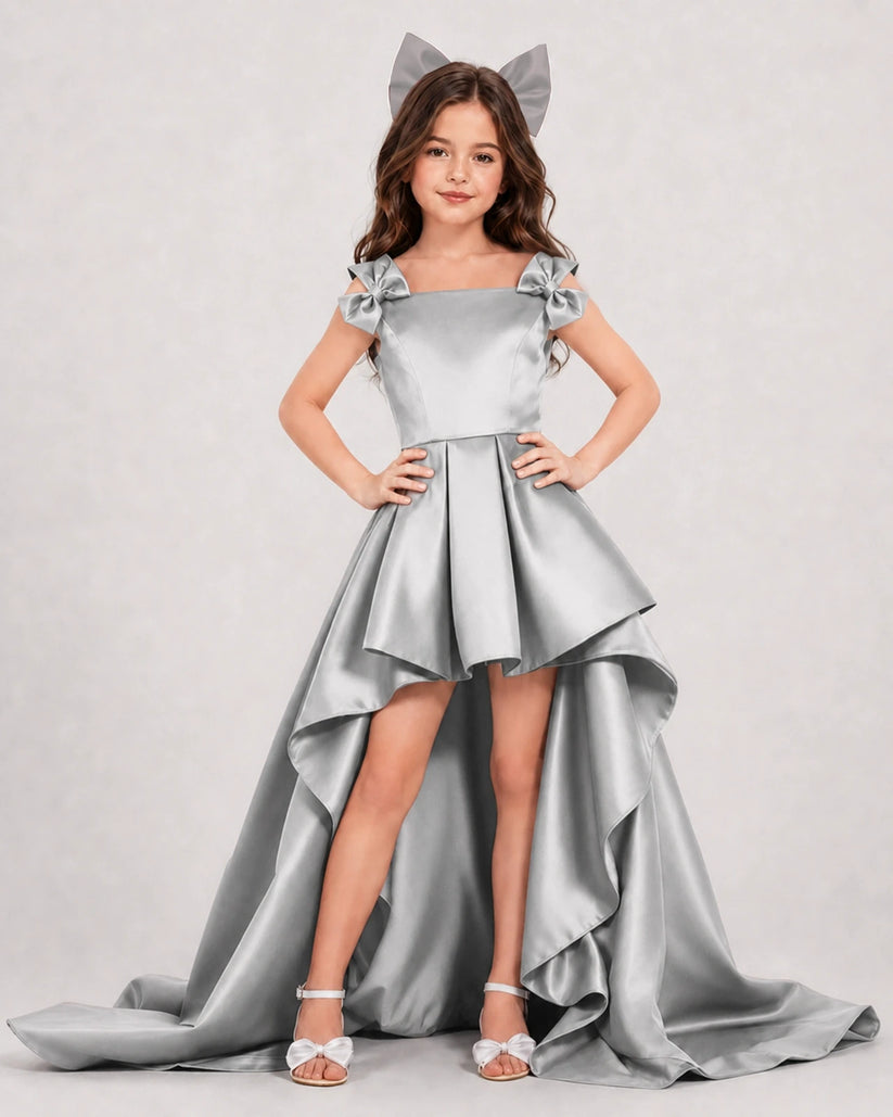 Silver Satin A-line Girls Formal Dress Front View