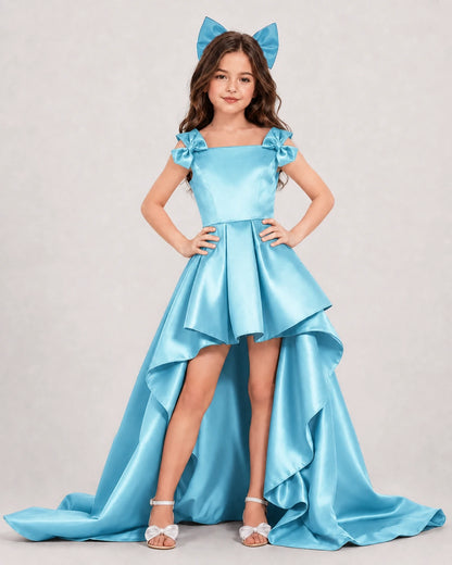 Sky Blue Satin High Low Girls Formal Dress Front View