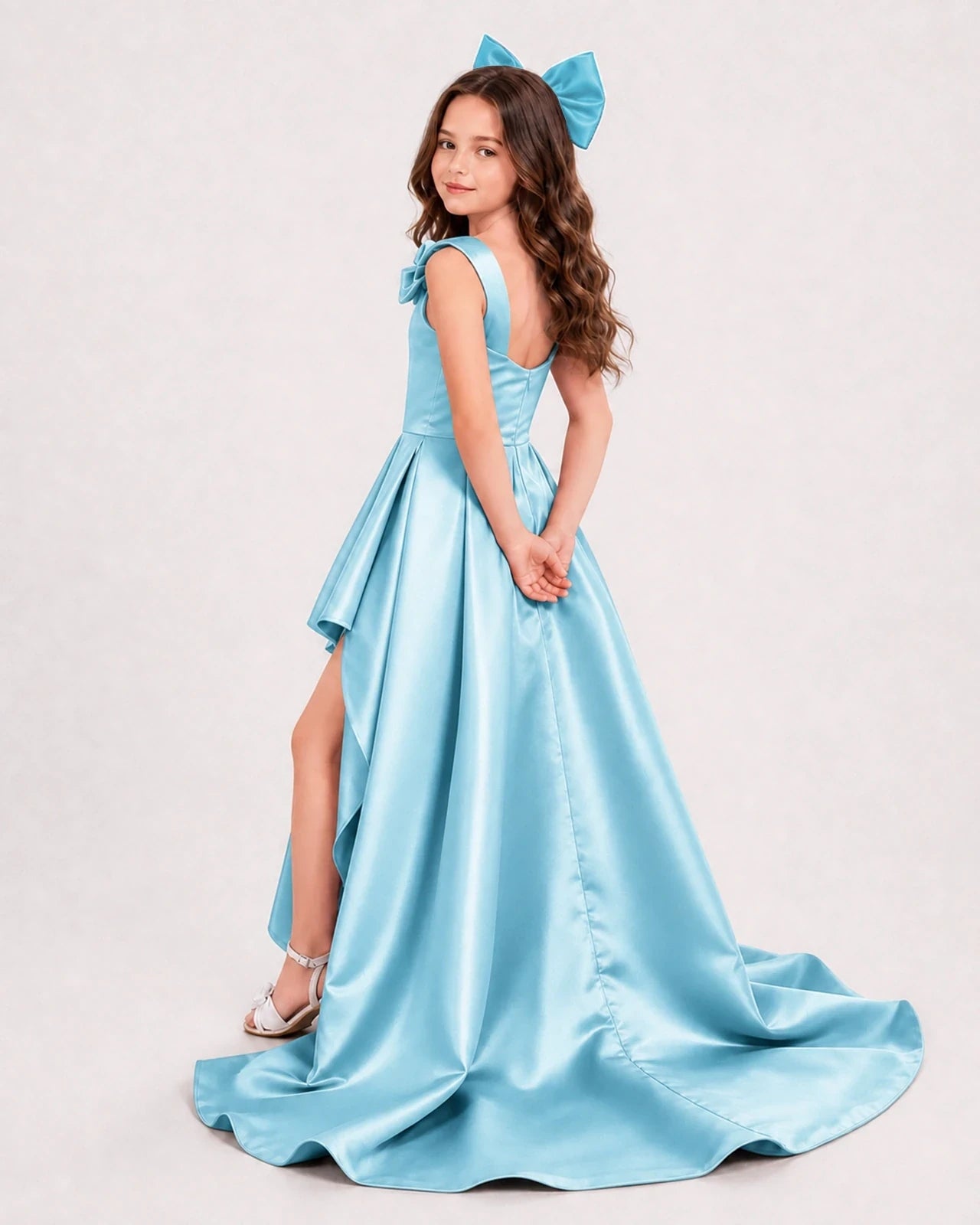 Sky Blue Satin A-line Girls Formal Dress Back View
