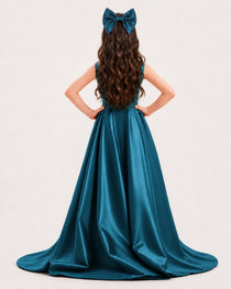 Dideyttawl Girls Formal Dress with Shoulder Bows and High-Low Satin Skirt