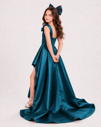Dideyttawl Girls Formal Dress with Shoulder Bows and High-Low Satin Skirt