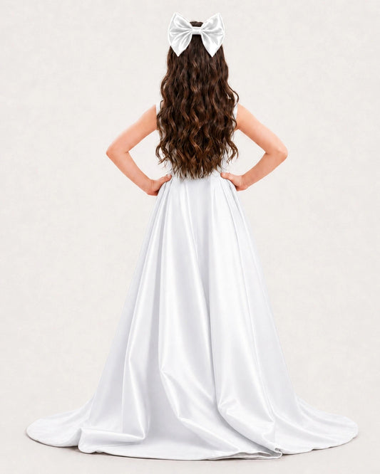 White Satin A-line Girls Formal Dress Back View