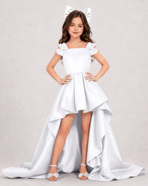 Dideyttawl Girls Formal Dress with Shoulder Bows and High-Low Satin Skirt