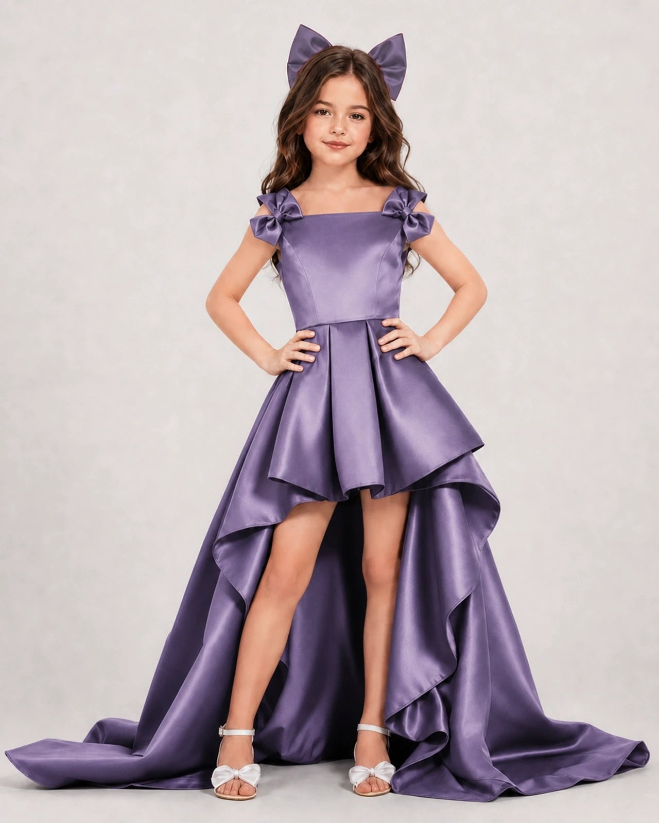 Dideyttawl Girls Formal Dress with Shoulder Bows and High-Low Satin Skirt