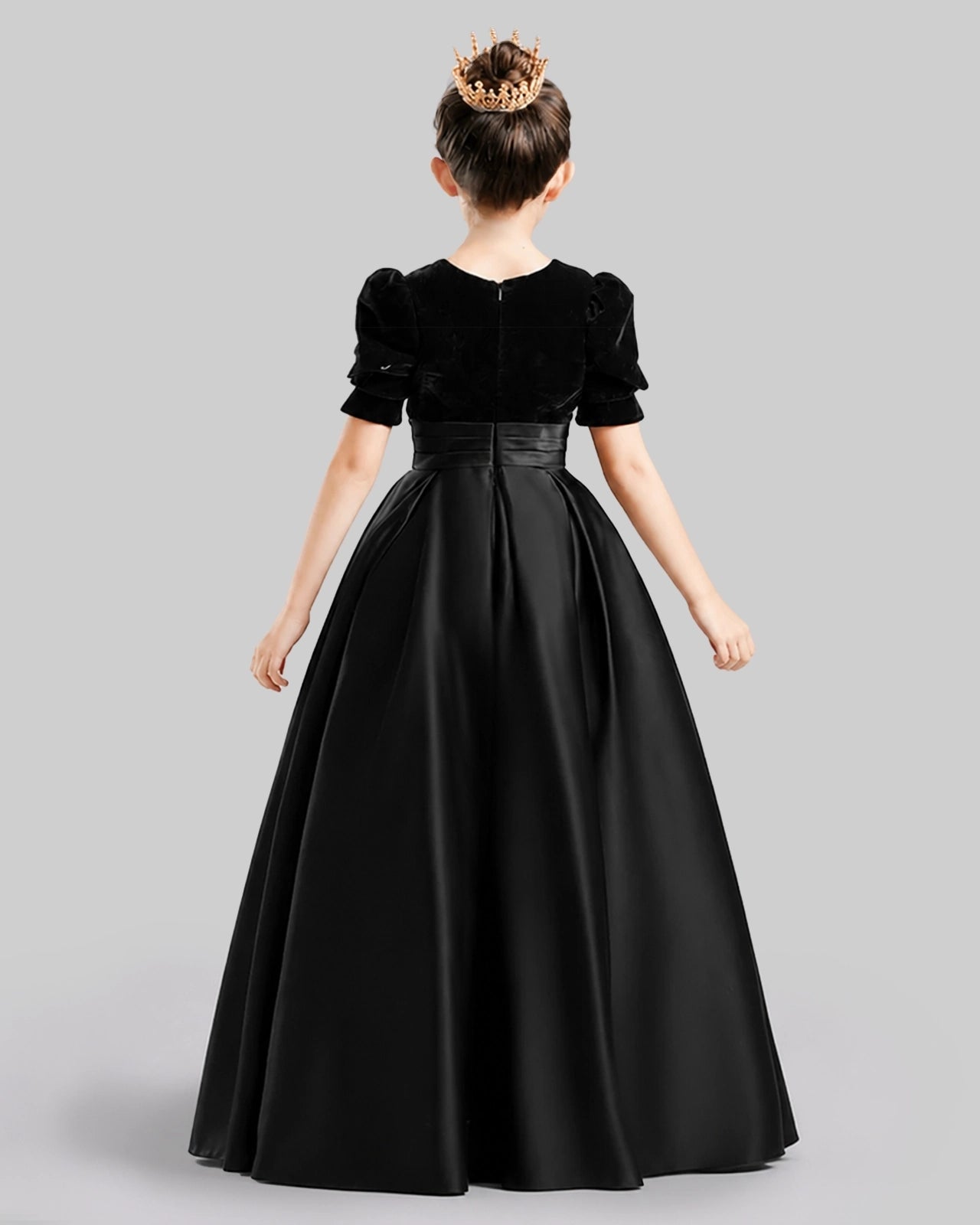 Dideyttawl Girls Formal Dress with Velvet Puff Sleeves and Satin A-Line Skirt