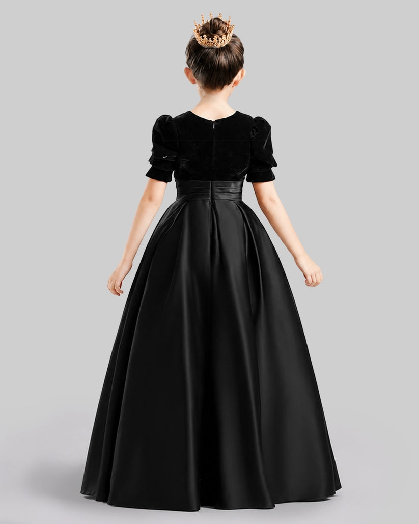 Black velvet and satin A-line gown Girls Formal Dresses Back View