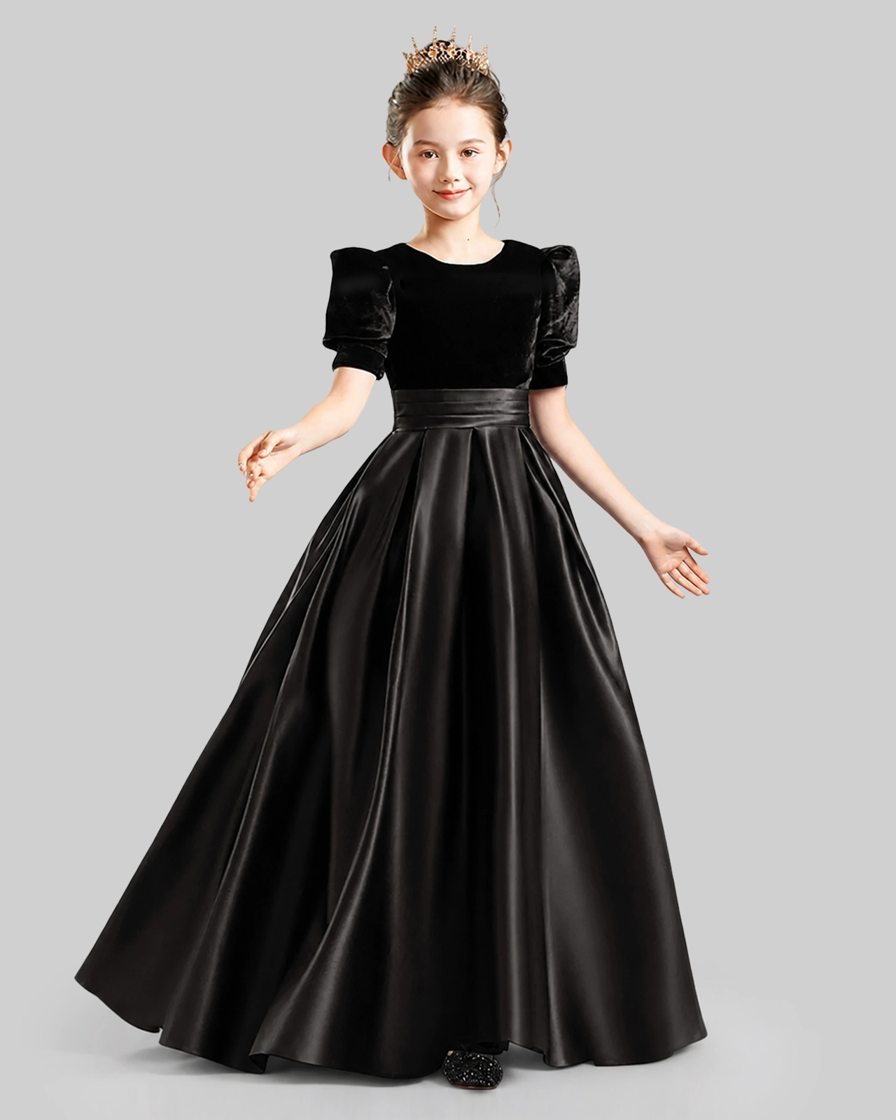 Dideyttawl Girls Formal Dress with Velvet Puff Sleeves and Satin A-Line Skirt