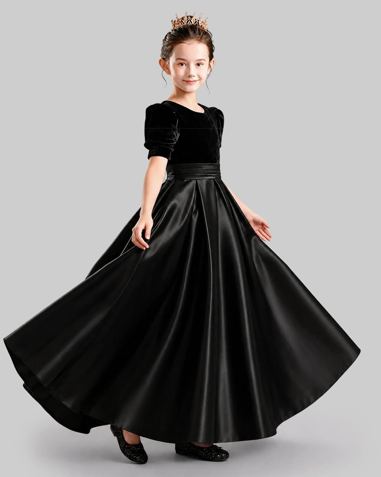 Dideyttawl Girls Formal Dress with Velvet Puff Sleeves and Satin A-Line Skirt