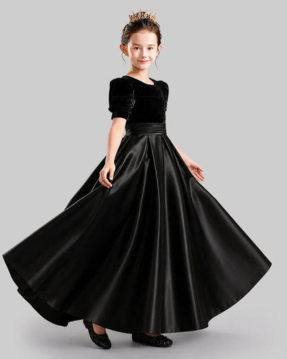 Dideyttawl Girls Formal Dress with Velvet Puff Sleeves and Satin A-Line Skirt