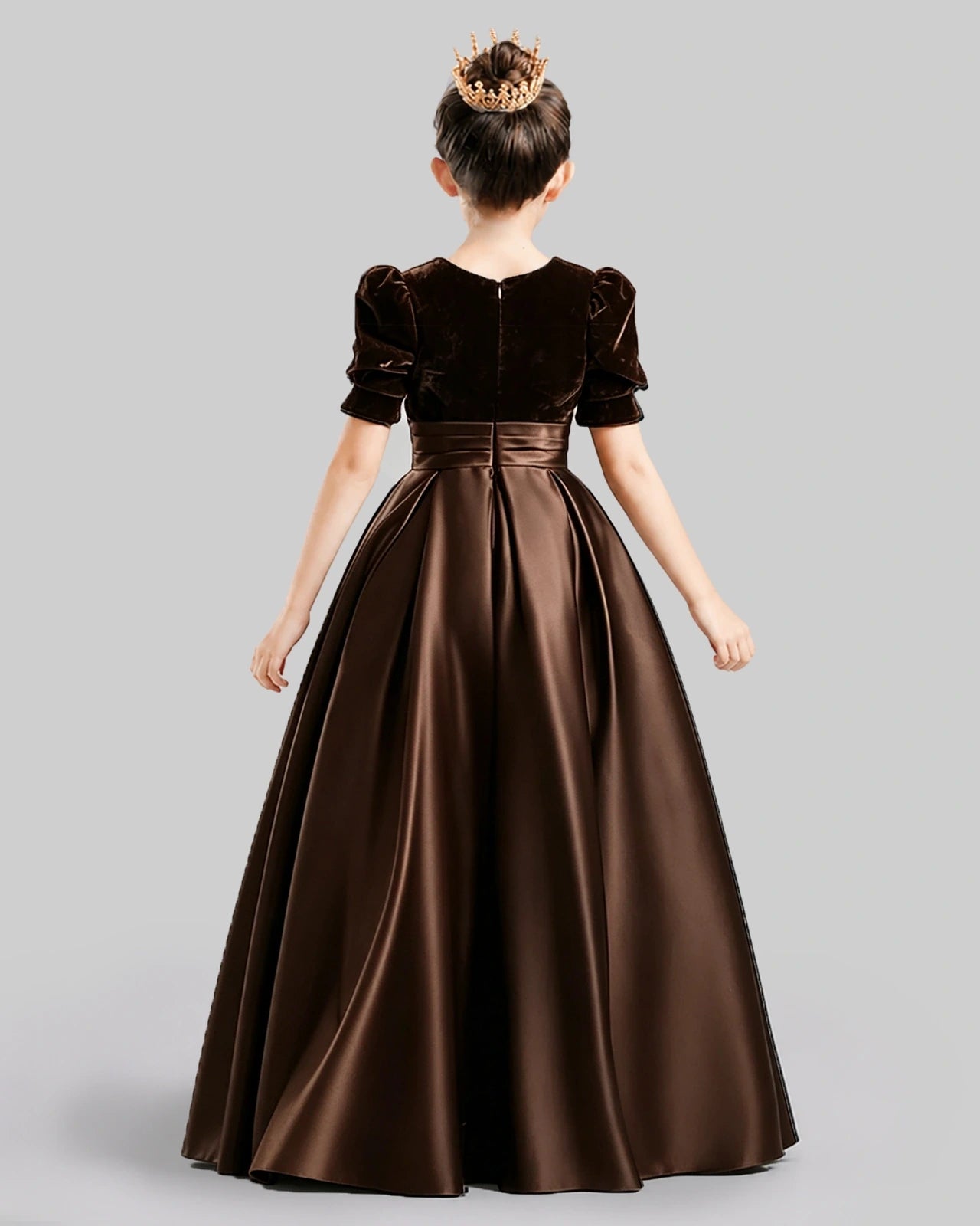 Dideyttawl Girls Formal Dress with Velvet Puff Sleeves and Satin A-Line Skirt