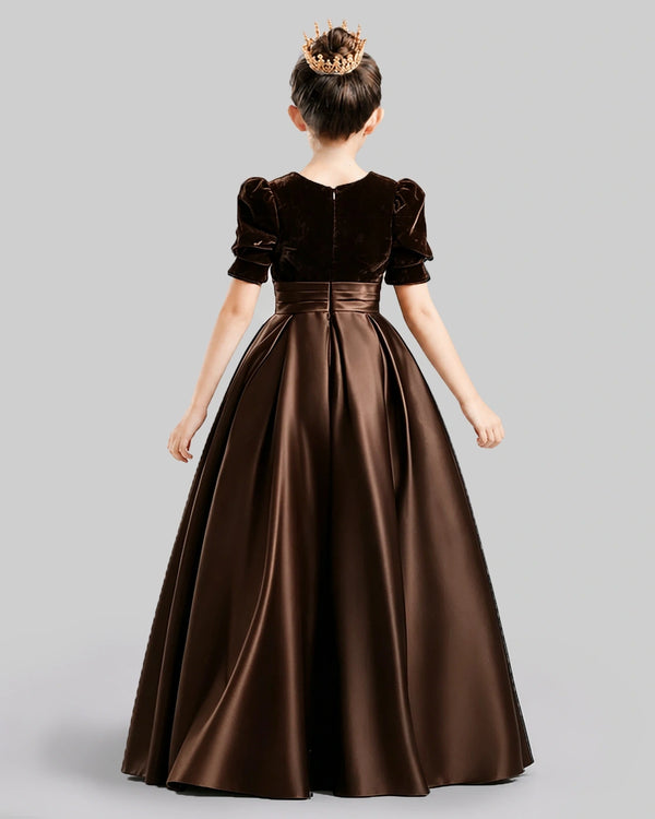 Brown Velvet Satin A-Line Dress Girls Formal Dresses Back View