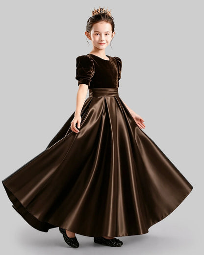 Dideyttawl Girls Formal Dress with Velvet Puff Sleeves and Satin A-Line Skirt
