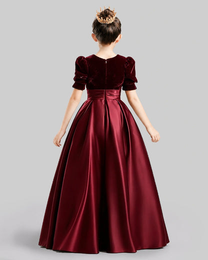 Dideyttawl Girls Formal Dress with Velvet Puff Sleeves and Satin A-Line Skirt