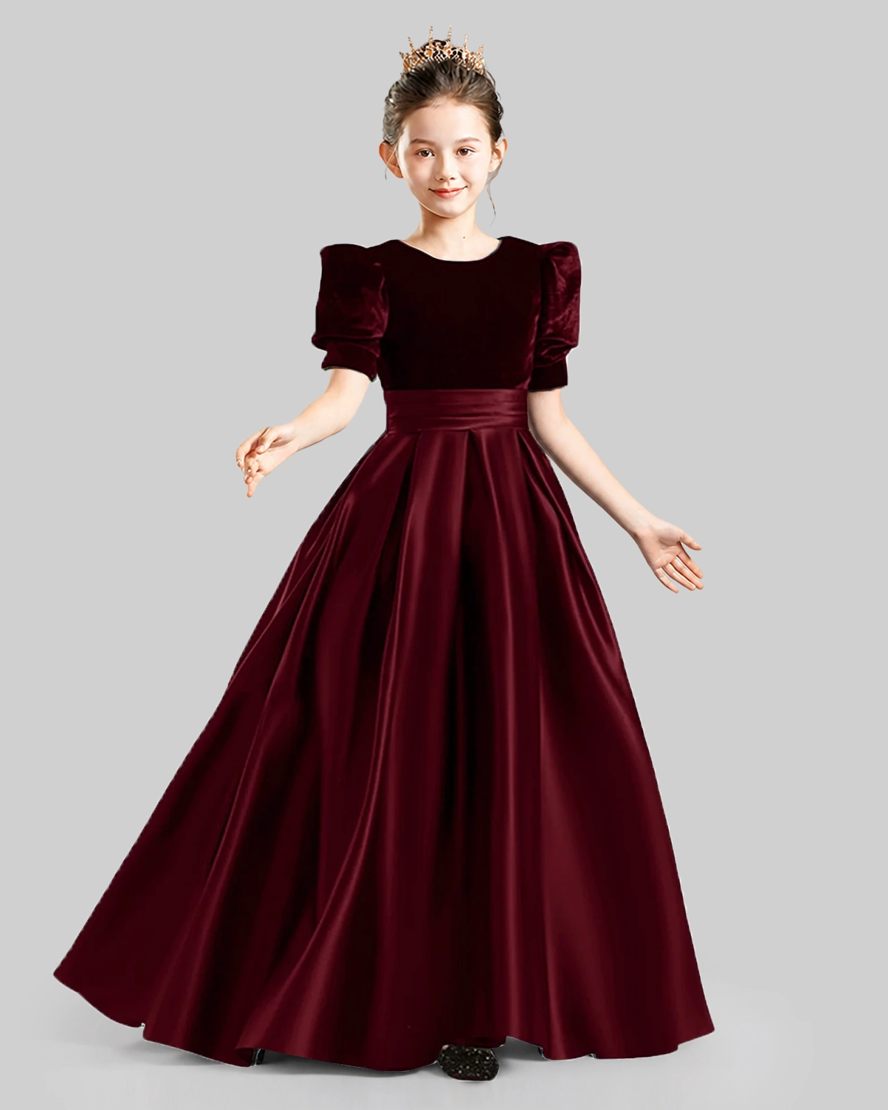 Dideyttawl Girls Formal Dress with Velvet Puff Sleeves and Satin A-Line Skirt