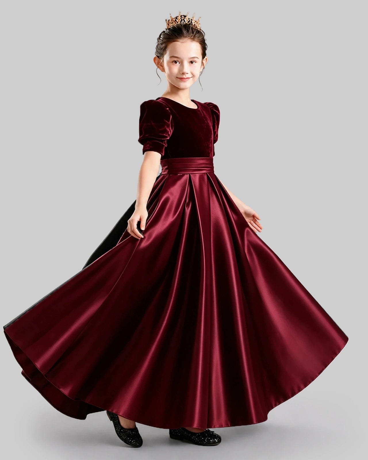 Dideyttawl Girls Formal Dress with Velvet Puff Sleeves and Satin A-Line Skirt